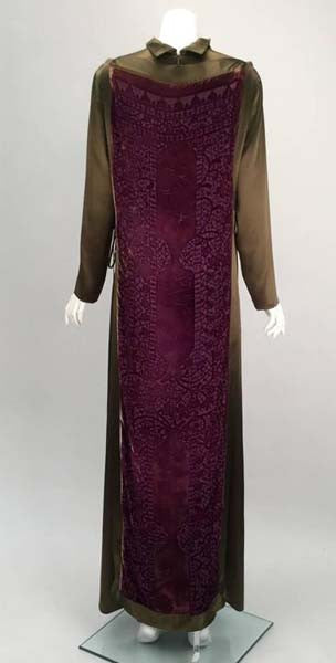 1990s Sylvia Heisel Olive Green Kaftan w/ Purple Silk Burnout Overdress