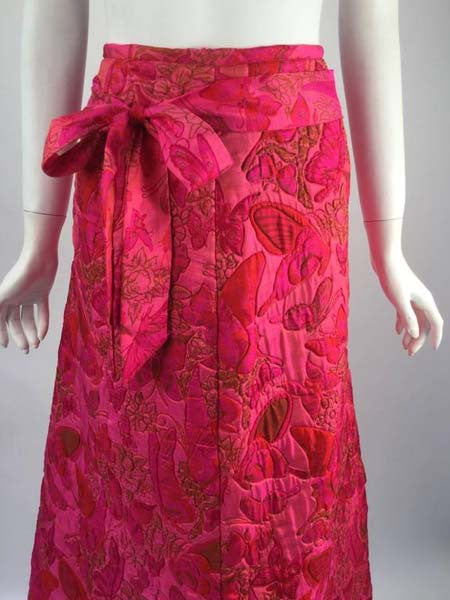 1970s Thai Silk Pink Butterfly Quilted Maxi Skirt