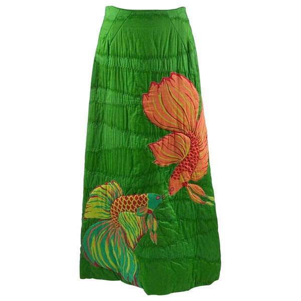 1970s Hand Screened Goldfish Green Quilted Cotton Maxi Skirt