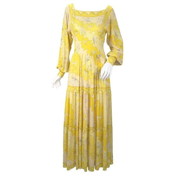 1970s Emilio Pucci Yellow Silk Knit Abstract Olympic Print Maxi