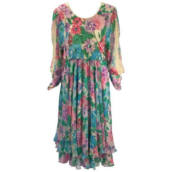 1980s Diane Freis Silk Long Sleeve Multicolor Floral Dress with Beadwork