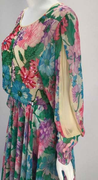 1980s Diane Freis Silk Long Sleeve Multicolor Floral Dress with Beadwork