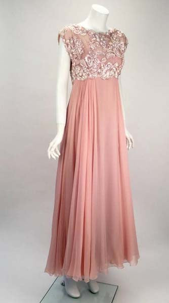 1960s Helen Rose Silk Pink Beaded Evening Gown