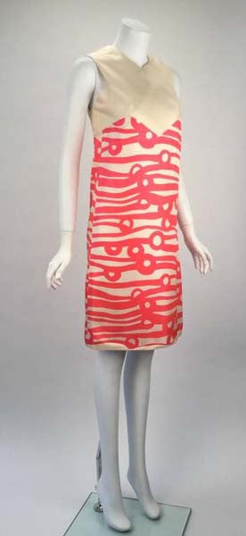 1960s Bright Pint Silk Dress with Abstract Mod Design