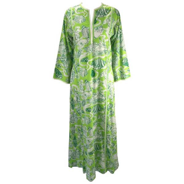 1960s Lilly Pulitzer "The Lilly" Green Sea Shell Print Kaftan - MRS Couture 1960s Lilly Pulitzer "The Lilly" Green Sea Shell Print Kaftan - MRS Couture