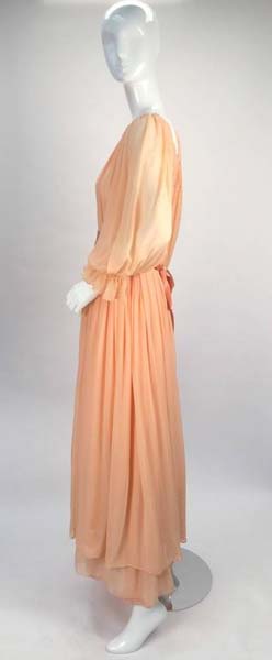 1970s Bill Blass Peach Silk Chiffon Dress