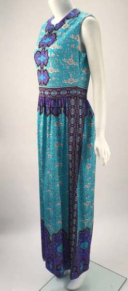 1970s Mr. Dino Blue and Purple Silk Jersey Knit Maxi Dress
