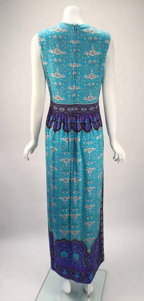 1970s Mr. Dino Blue and Purple Silk Jersey Knit Maxi Dress