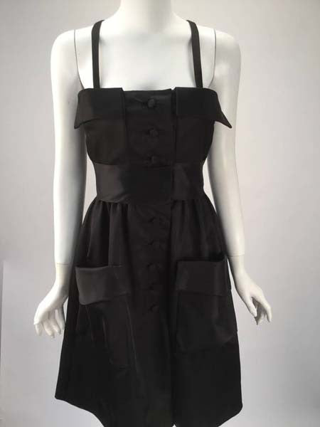 1970s Geoffrey Beene Black Satin Dress with Pockets