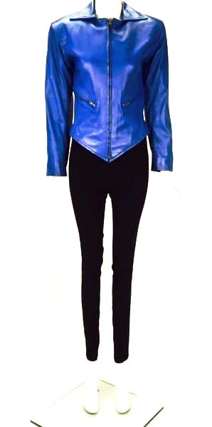 1980s Yves Saint Laurent Blue Leather Jacket and Skirt Ensemble