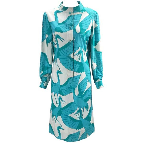 1970s Hand Screened with Blue Cranes Thai Cotton Shirt Dress