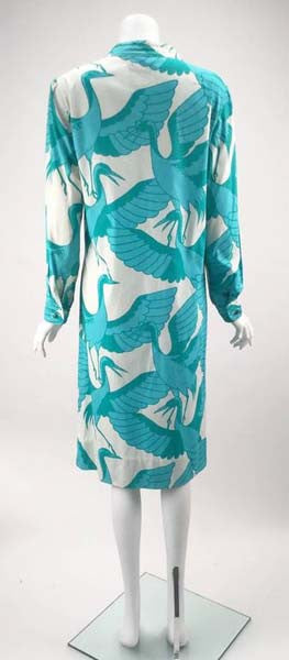 1970s Hand Screened with Blue Cranes Thai Cotton Shirt Dress