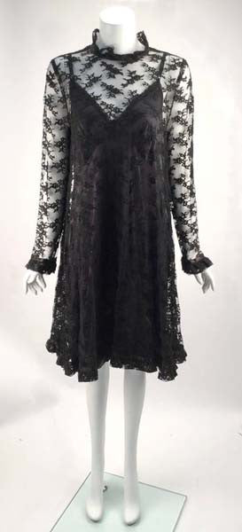 1960s Custom Vintage Black Chantilly Lace Knee Length Dress