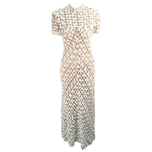white dress neiman marcus 1970s Pat Sandler for Neiman Marcus Cotton Lace Dress Gown