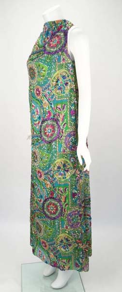 Gorgeous 1960s Multi Colored Chiffon Beaded Maxi Dress