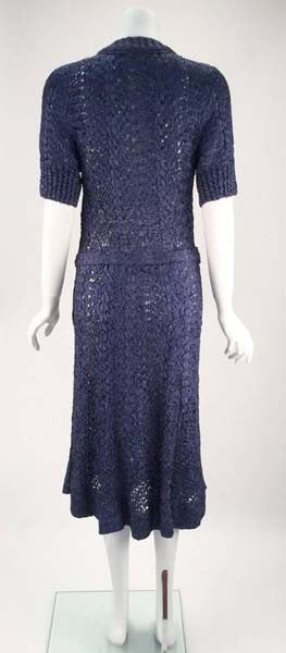 Unbelievable 1940s Navy Blue Silk Ribbon Knit Knee Length Dress and Belt