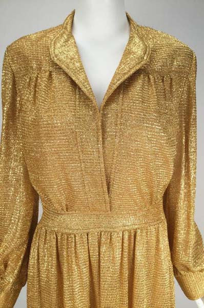 vintage gold dress Vintage 1970s Gold Metallic Long Sleeve Maxi Dress