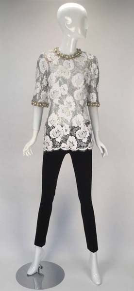 Beautiful 1970s Adolfo Silver and White Sequin and Beaded Lace Top