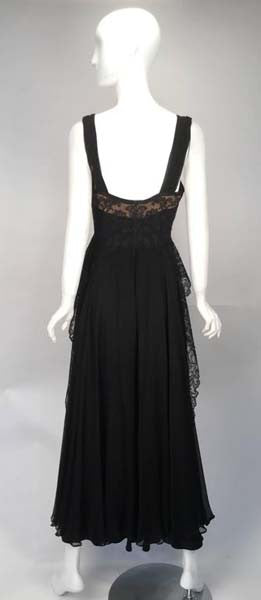 1940s Black Silk Evening Dress with Lace Overlay