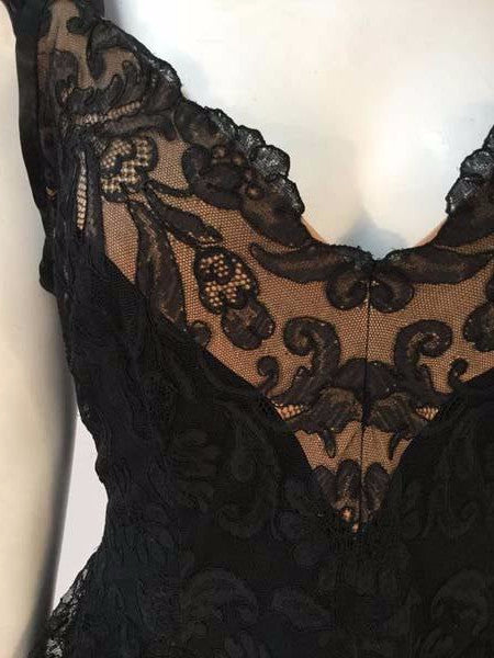 1940s Black Silk Evening Dress with Lace Overlay
