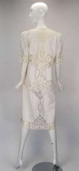 1970s White Linen and Lace Short Sleeve Day Dress