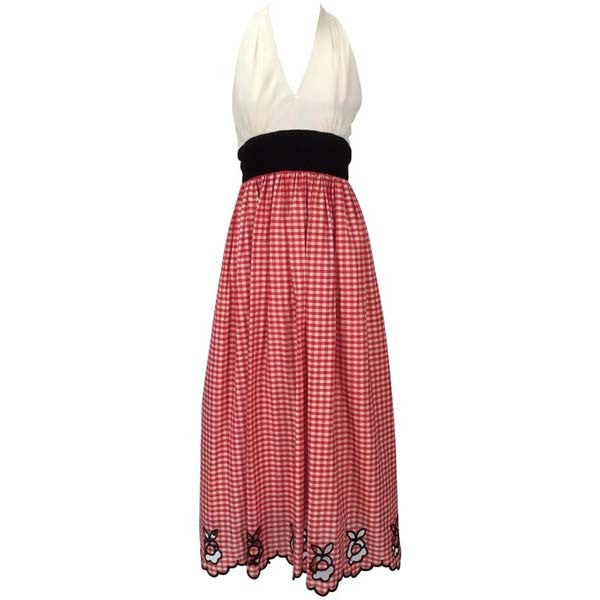 1970s Custom Halter Dress with Gingham Print Skirt