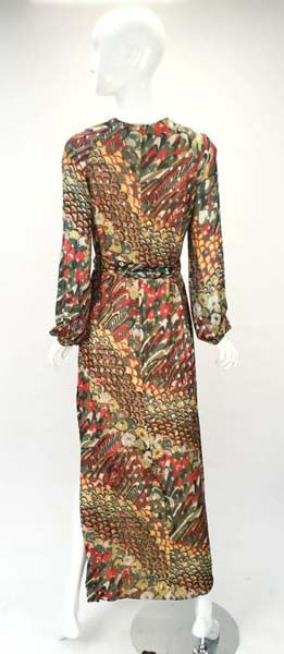 1970s Anthony Muto Multicolor Chiffon Print Maxi Dress