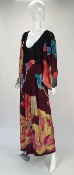 Exquisite 1970s Pauline Trigere Silk Multicolored Metallic Evening Dress