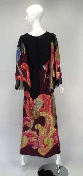 Exquisite 1970s Pauline Trigere Silk Multicolored Metallic Evening Dress