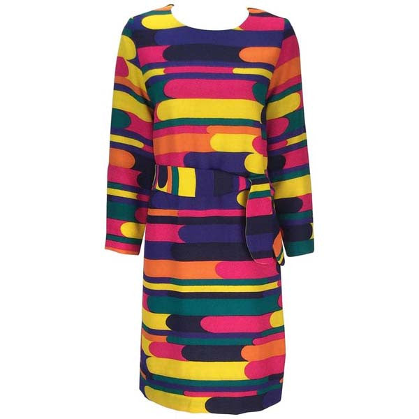 Late 60s Bill Blass Multicolored Woven Wool Long Sleeve Mini Dress - MRS Couture Late 60s Bill Blass Multicolored Woven Wool Long Sleeve Mini Dress - MRS Couture