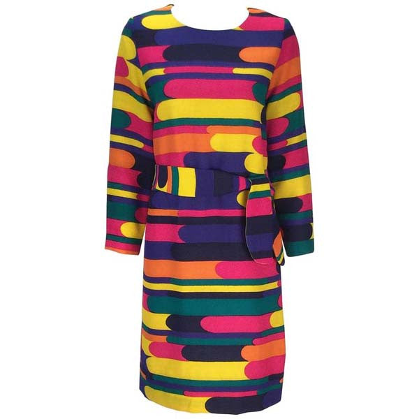 Late 60s Bill Blass Multicolored Woven Wool Long Sleeve Mini Dress