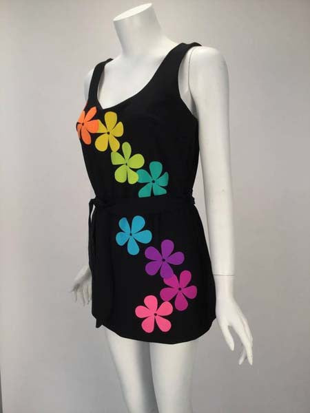 1970s Deweese One Piece Mod Flower Power Skirted Swimsuit