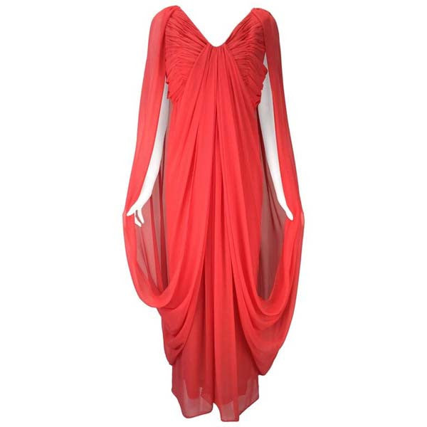 1970s Victor Costa Coral Grecian Draped Chiffon Evening Dress