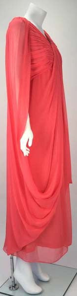 1970s Victor Costa Coral Grecian Draped Chiffon Evening Dress