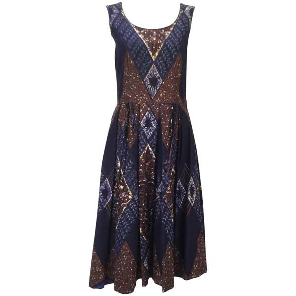 1950s Ikat Blue and Brown Dress with Subtle Sequin Handwork
