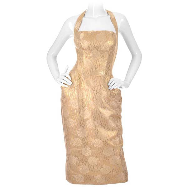 Early 1960s Mignon Gold Floral Racer Back Dress