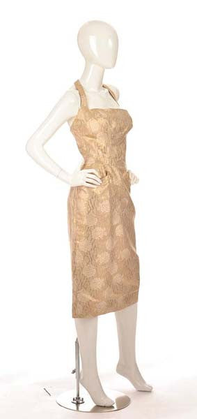 Early 1960s Mignon Gold Floral Racer Back Dress