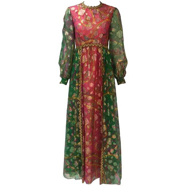 1960s Gino Charles Green and Pink Metallic Maxi Dress - MRS Couture 1960s Gino Charles Green and Pink Metallic Maxi Dress - MRS Couture