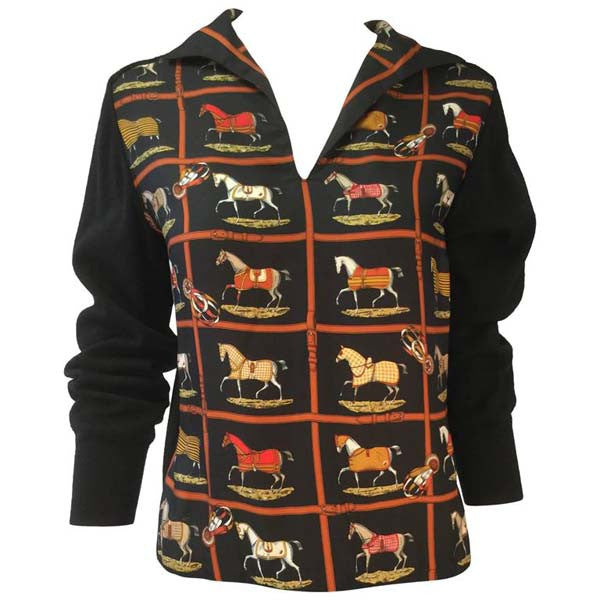 1970s Hermes "Couvertures et Tenues de Jour" Print Silk & Wool Sweater