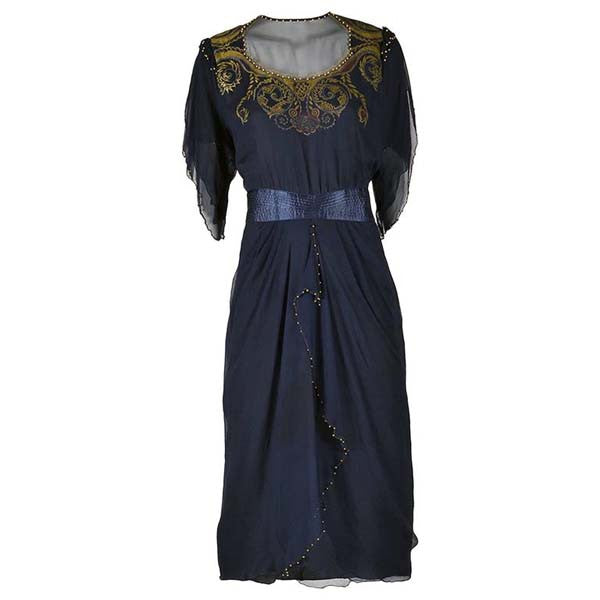 1970s Zandra Rhodes Handed Beaded & Hand Painted Navy Silk Chiffon Dress