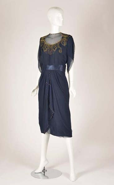 1970s Zandra Rhodes Handed Beaded & Hand Painted Navy Silk Chiffon Dress