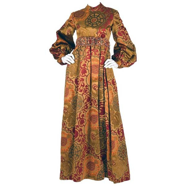 1960s George Halley Silk and Velvet Ocher Renaissance Style Gown