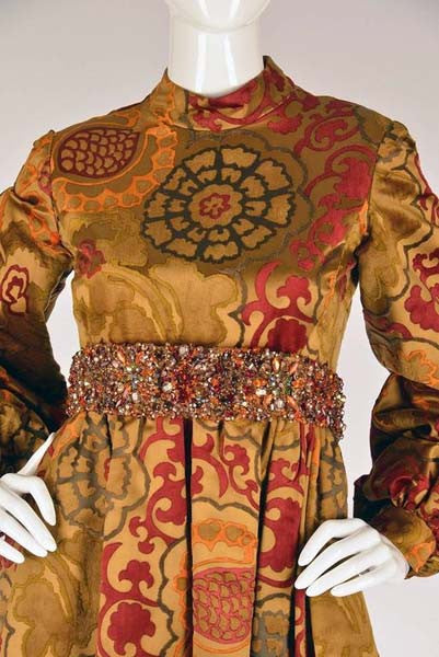 1960s George Halley Silk and Velvet Ocher Renaissance Style Gown