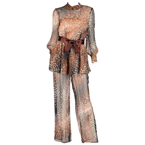 1960s Mollie Parnis Sheer Silk Chiffon Two Piece Blouse and Jumpsuit