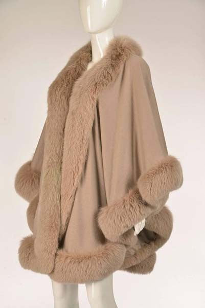 Vintage Taupe Wool Blend Knit Cape with Fox Fur Trim