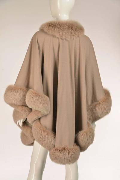 Vintage Taupe Wool Blend Knit Cape with Fox Fur Trim