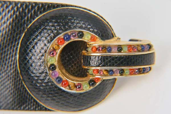 Judith Leiber Embossed Black Leather Belt with Jeweled Buckle