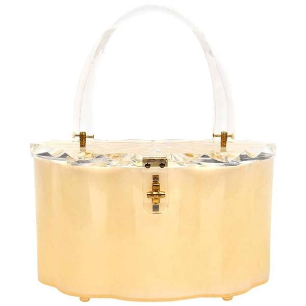 1950s Scalloped Cream Pearlized and Clear Lucite Purse
