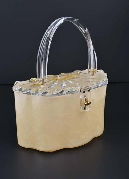 1950s Scalloped Cream Pearlized and Clear Lucite Purse