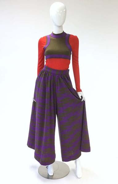 1960s Rudi Gernreich Red-Purple-Olive Graphic Top and Culottes Set